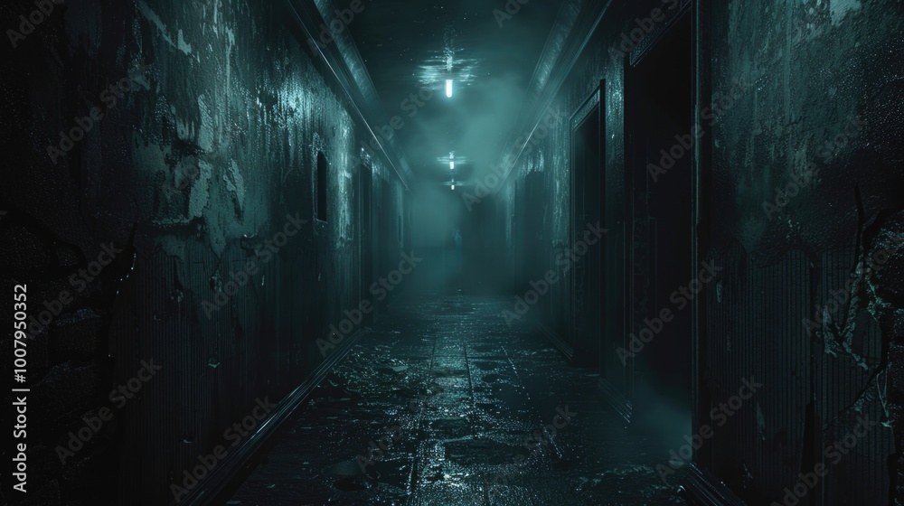 Dark and foggy hallway in abandoned building Dark and foggy hallway in abandoned building