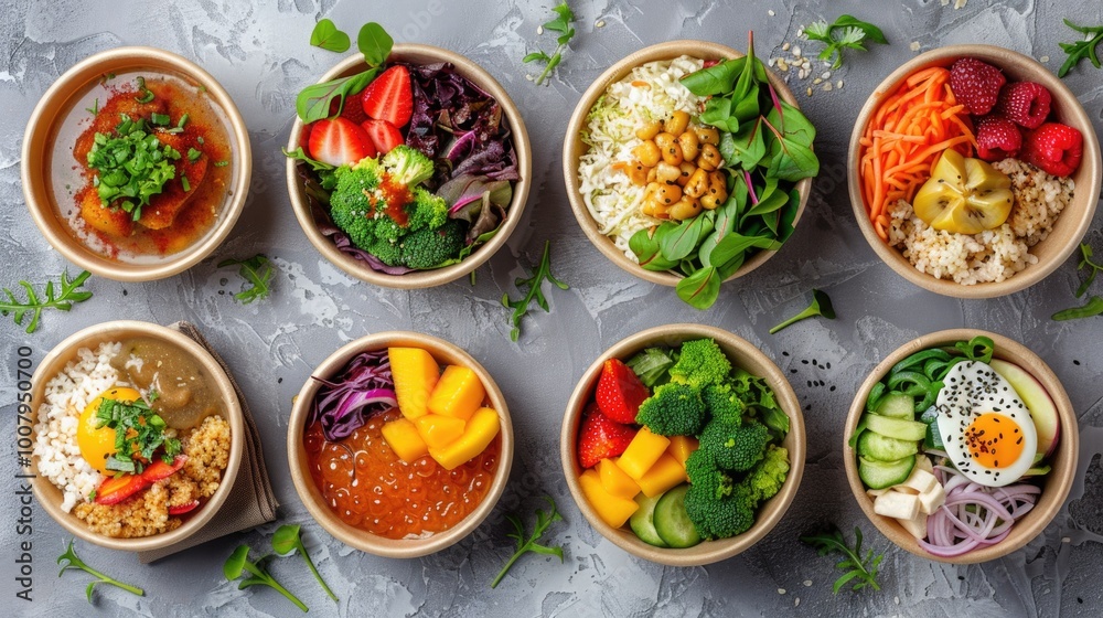 Healthy meal prep bowls with fruit, vegetables, and grains Healthy meal prep bowls with fruit, vegetables, and grains