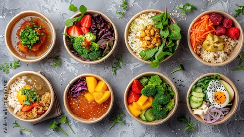 Healthy meal prep bowls with fruit, vegetables, and grains