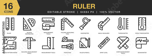 Ruler icon set. Editable Stroke Icon Collection. Includes angle, building, dress, folding, thermometer, and More. Outline icons vector collection.