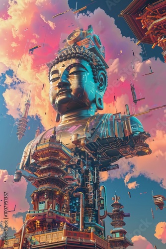 flying buddha statue illustration for vesak day event background