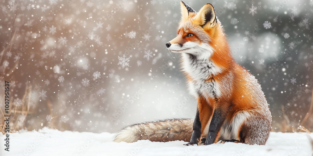 A red fox sits in the snow, its fur fluffy to protect it from the cold A red fox sits in the snow, its fur fluffy to protect it from the cold