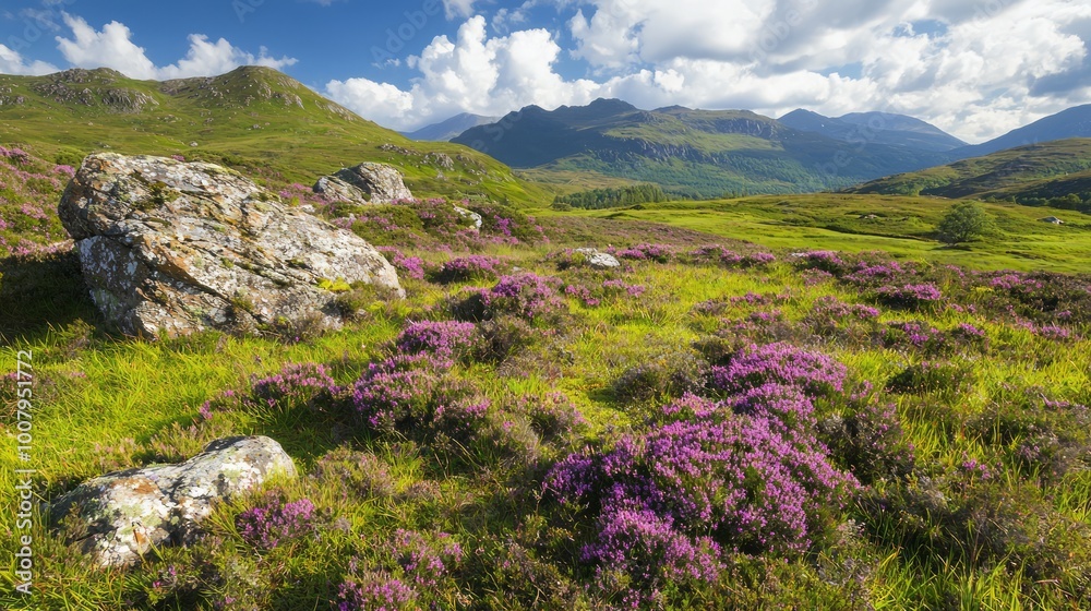 Fototapeta premium Majestic Highland Serenity: Heather-Covered Peaks and Rocky Outcrops in Dramatic Landscape