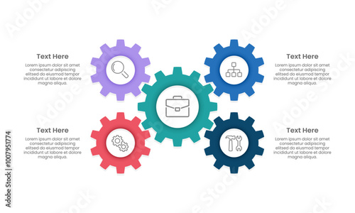 5 parts of business to success. Infographic gears design template. Business presentation, System, Strategy and Plan. Vector illustration.