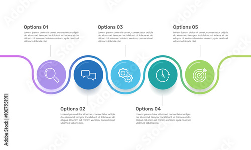 Infographic curve line design template with 5 colorful circle. Business presentation, milestones, workflow, strategy and planning. Vector illustration.