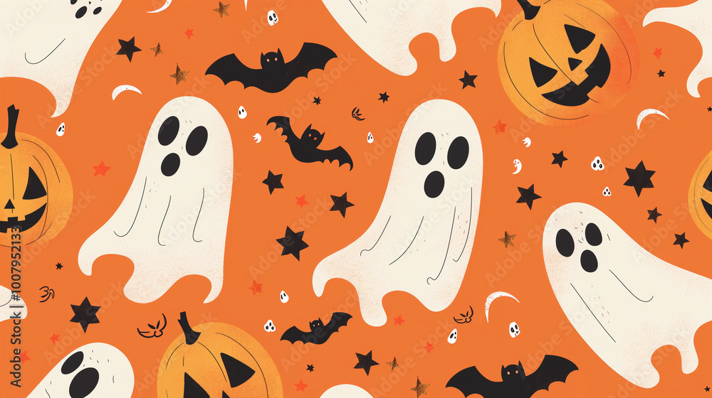 Halloween-themed seamless pattern with ghosts, bats, and pumpkins on an orange background Halloween-themed seamless pattern with ghosts, bats, and pumpkins on an orange background
