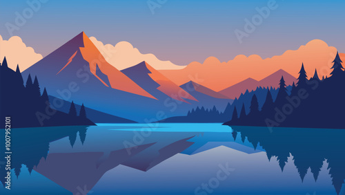  Landscape with mountains and trees reflected in still water, highlighting the beauty of the season. flat vector illustration