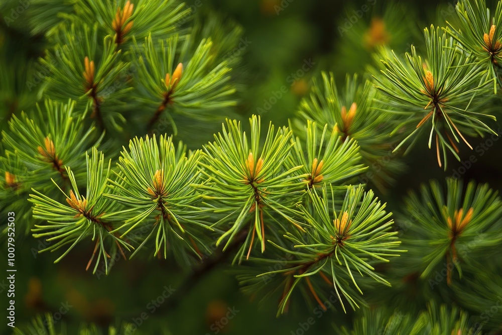 Close-up of Green Pine Tree Branches with Buds Close-up of Green Pine Tree Branches with Buds