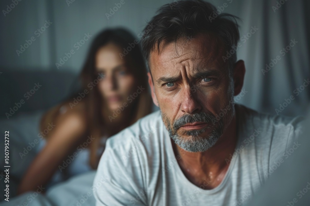 Fototapeta premium Pensive Older Man in Bedroom Facing Relationship Challenges with Blurred Partner in Background
