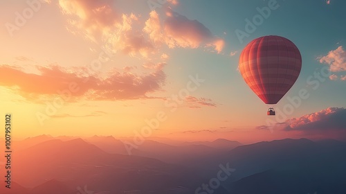 Serene Hot Air Balloon Ride at Sunset Over Mountains