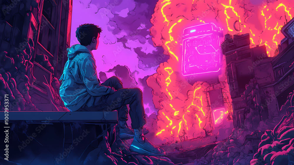 Obraz premium Figure seated on futuristic platform above toxic wasteland with glowing neon lights. Neon Wasteland. Illustration