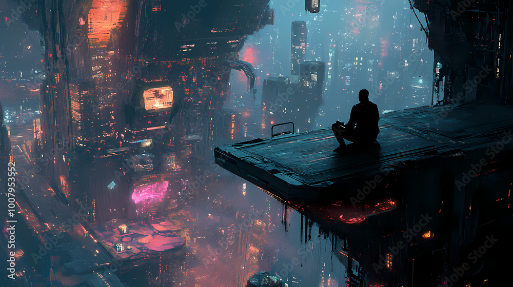 Figure seated on futuristic platform above toxic wasteland with glowing neon lights. Neon Wasteland. Illustration Figure seated on futuristic platform above toxic wasteland with glowing neon lights. Neon Wasteland. Illustration