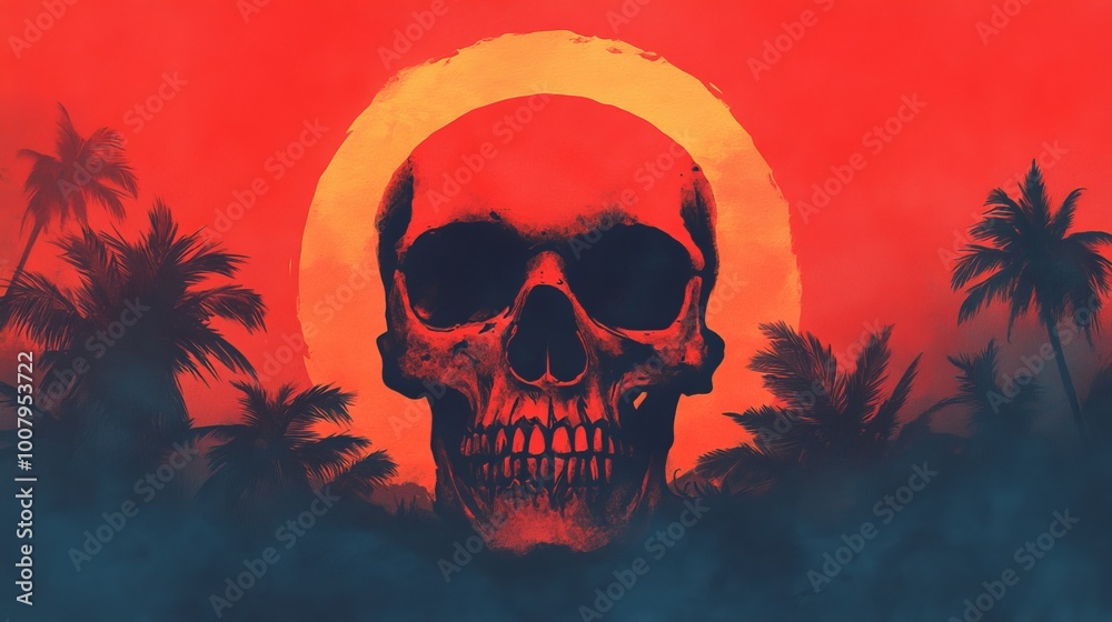 A vibrant, artistic depiction of a skull against a red sunset, surrounded by palm trees, evoking a tropical and skull-themed aesthetic.