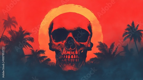 Obraz na płótnie A vibrant, artistic depiction of a skull against a red sunset, surrounded by palm trees, evoking a tropical and skull-themed aesthetic. w salonie