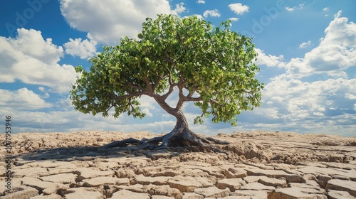 A surreal tree of hope with vibrant green leaves growing in a dry, cracked desert landscape, symbolizing resilience and growth, with a realistic sky backdrop