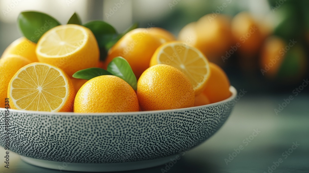 A vibrant bowl filled with fresh, juicy lemons, showcasing their bright yellow color and lush green leaves, perfect for cooking or refreshing drinks.