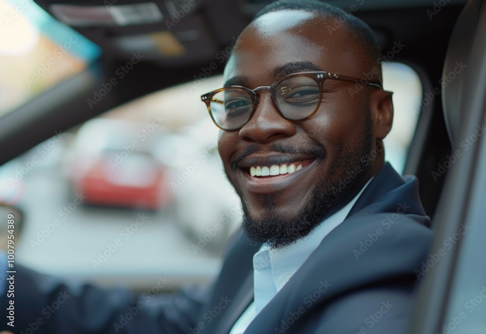 Happy Businessman Driving Car with Joyful Expression and Wearing Glasses Happy Businessman Driving Car with Joyful Expression and Wearing Glasses