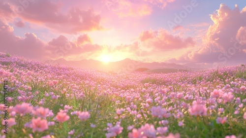 Majestic Sunset Over Vast Grassland with Wildflowers