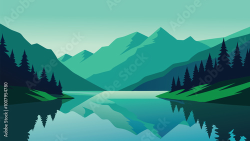 mountain lake with vibrant green water, surrounded by lush trees and a picturesque natural landscape flat vector illustration