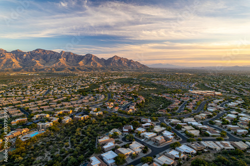 Oro Valley, Arizona: Aerial Sunset View with Majestic Mountains