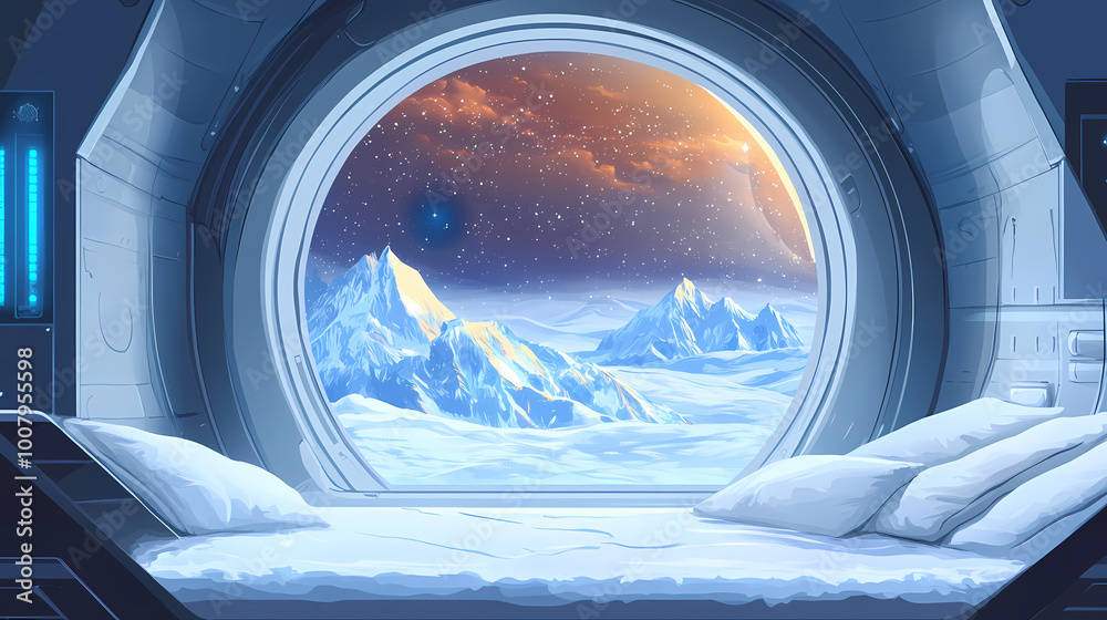 Futuristic bedroom with a large round window looking out onto a snowy mountain landscape. Spaceship Interior. Illustration Futuristic bedroom with a large round window looking out onto a snowy mountain landscape. Spaceship Interior. Illustration