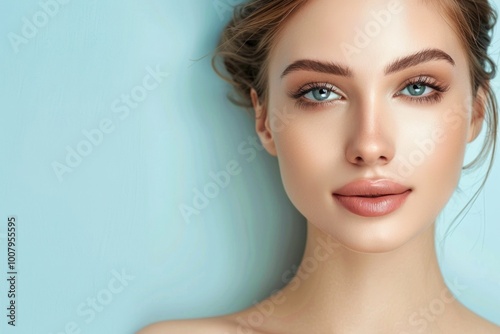 CloseUp Portrait of a Young Woman with Blue Eyes and Natural Makeup against a Blue Background