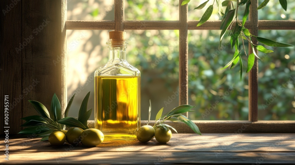 A glass bottle of olive oil sits on a wooden surface, surrounded by olives and olive leaves, illuminated by natural light streaming through the window.
