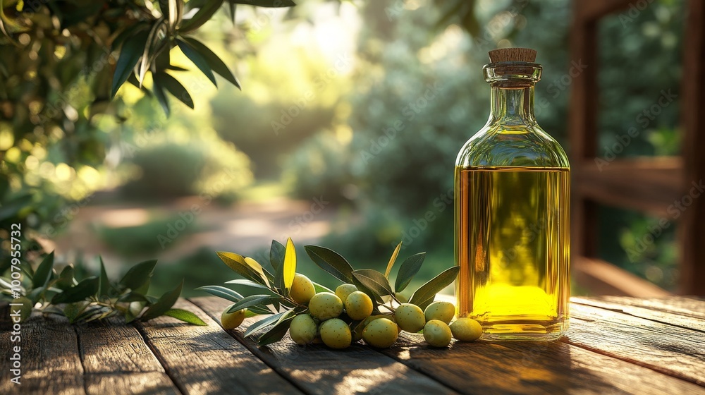 A bottle of olive oil sits on a wooden table, surrounded by olives, illuminated by soft, natural light in a lush, green garden setting. A bottle of olive oil sits on a wooden table, surrounded by olives, illuminated by soft, natural light in a lush, green garden setting.