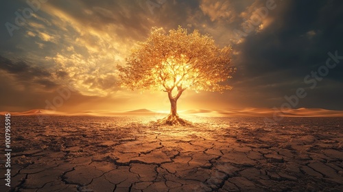 An abstract tree of hope glowing with light, standing in a barren desert, with cracked earth and distant sand dunes in a realistic background