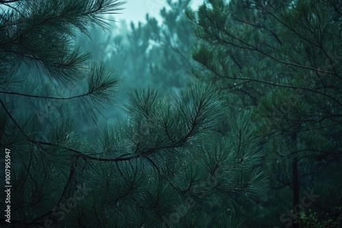 Lush Green Pine Branches in a Misty Forest