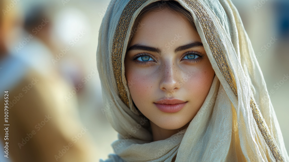 A gentle portrait of a woman with blue eyes in a beige headscarf, serene expression A gentle portrait of a woman with blue eyes in a beige headscarf, serene expression