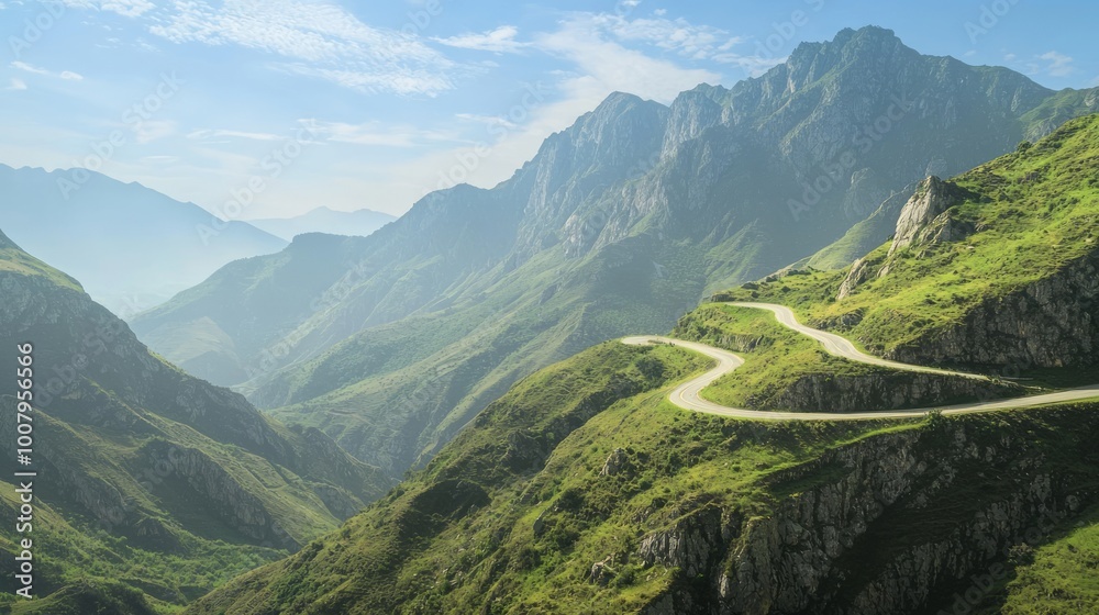 Fototapeta premium Majestic Mountain Pass: Awe-Inspiring Views of Winding Roads and Steep Cliffs