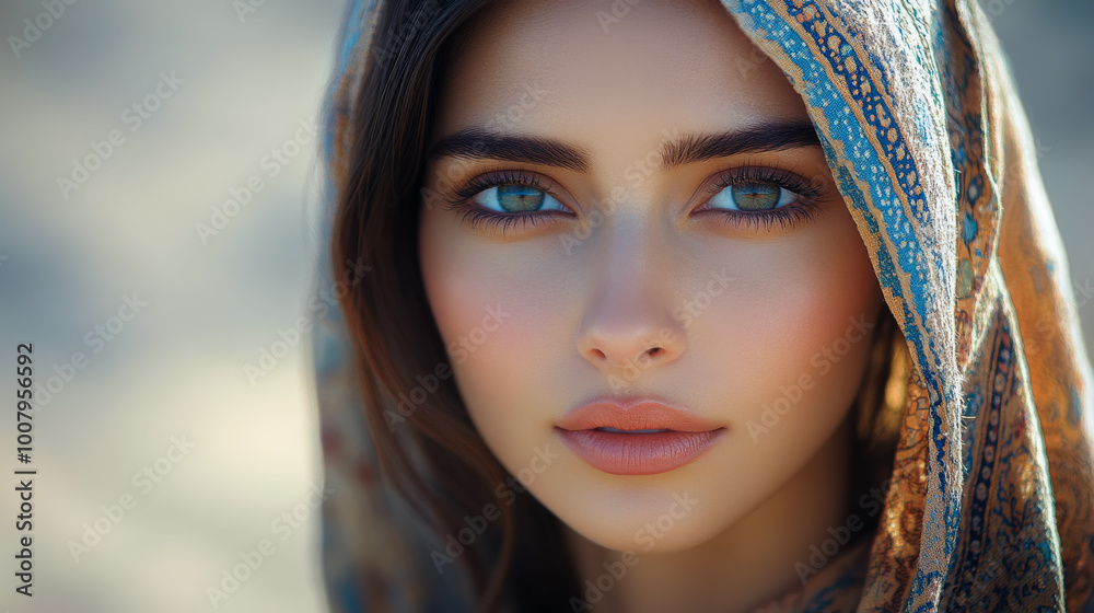 A mysterious portrait of a woman with a patterned headscarf and blue eyes A mysterious portrait of a woman with a patterned headscarf and blue eyes
