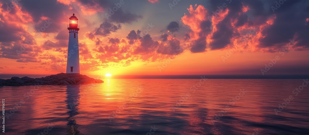 A lone lighthouse stands tall against a fiery sunset sky over a calm ocean.