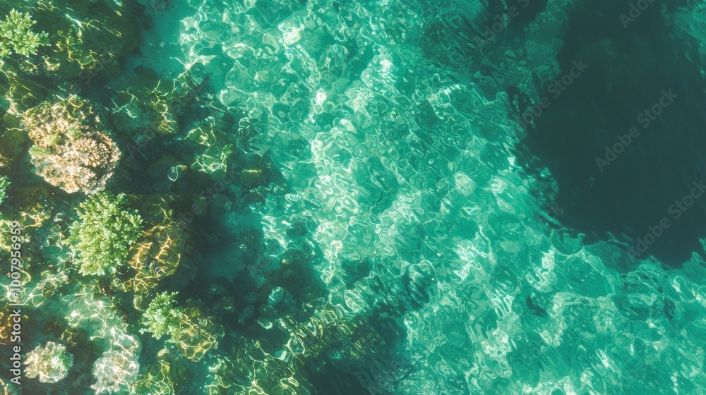 Fototapeta premium Aerial View of Vibrant Coral Reef in Clear Turquoise Waters with Abundant Marine Life