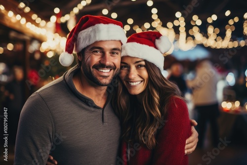 Smiling Couple in Santa Hats Celebrating Christmas Together