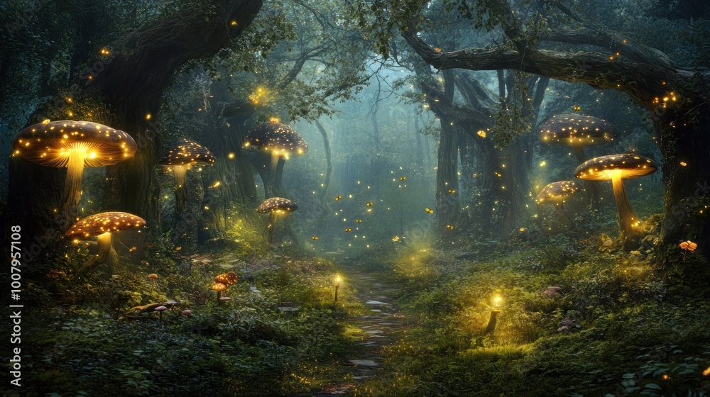 A magical forest scene with glowing mushrooms and fireflies, creating an enchanting atmosphere. A magical forest scene with glowing mushrooms and fireflies, creating an enchanting atmosphere.