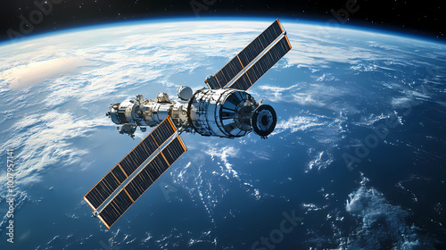 Fototapeta Naklejka Na Ścianę i Meble -  Detailed shot of a space station circling earth, showing close-up textures and materials against the vast backdrop of space. Galactic Outpost. Illustration