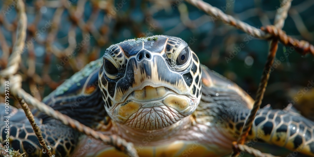 Sea turtle trapped in fishing net Sea turtle trapped in fishing net