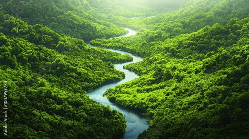 Serene River Flowing Through Lush Green Landscape