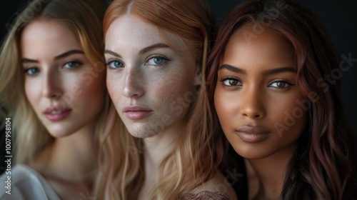 Three Diverse Women with Natural Beauty Posing in Studio Light