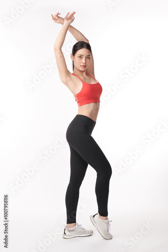 Beautiful young asian sport woman with sportswear ready for exercise on white background, Advertising sportswear and yoga wear, Healthy lifestyle, sport.