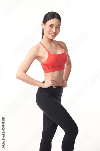 Beautiful young asian sport woman with sportswear ready for exercise on white background, Advertising sportswear and yoga wear, Healthy lifestyle, sport.