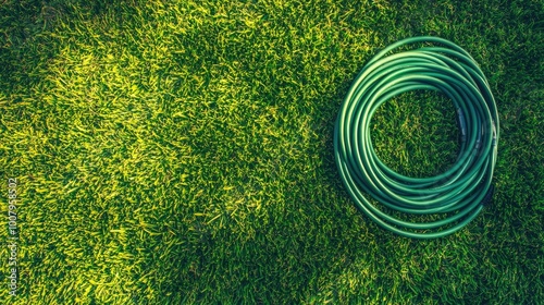 Green Garden Hose on Lush Grass Background