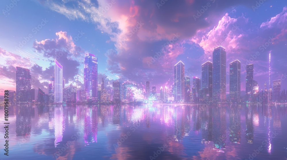 Fototapeta premium Twilight Glow: Vibrant City Skyline at Dusk with Reflecting Lights and Colorful Clouds