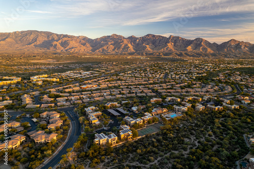 Oro Valley, Arizona: Aerial Sunset View with Majestic Mountains