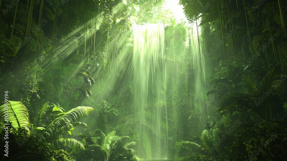 Fototapeta premium Enchanting Jungle Paradise: Majestic Waterfalls and Sunlit Flora in a Lush Rainforest Canopy