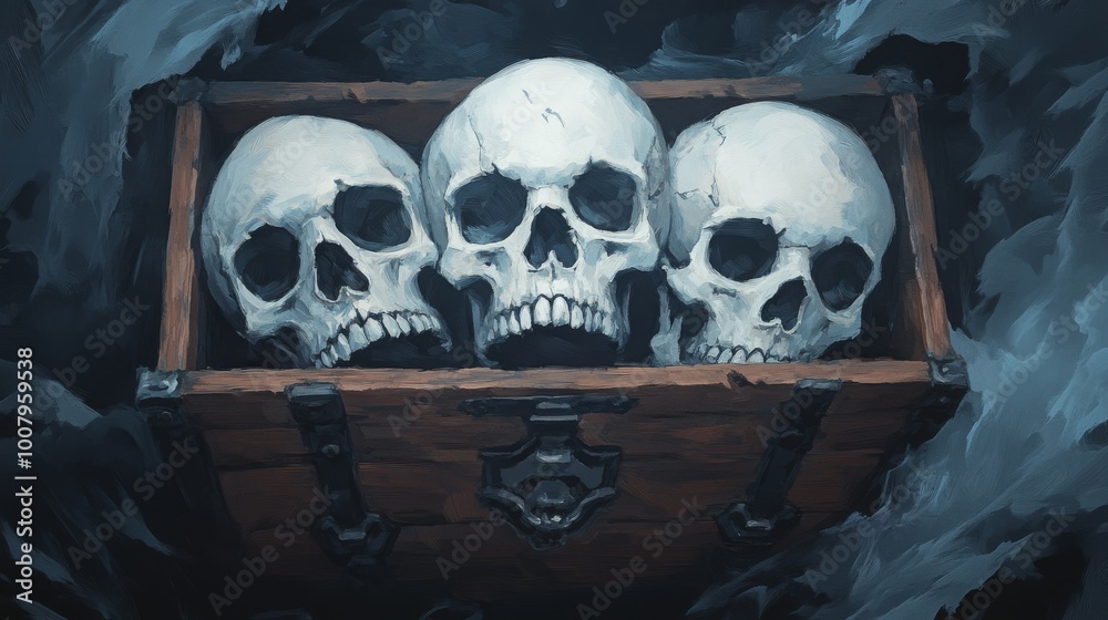 Three skulls rest in an old wooden box, surrounded by dark shadows, evoking a sense of mystery and macabre. Three skulls rest in an old wooden box, surrounded by dark shadows, evoking a sense of mystery and macabre.