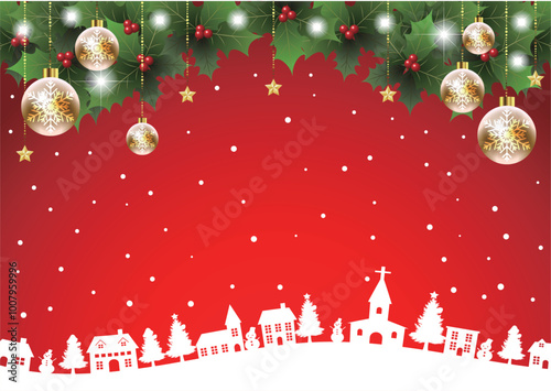 柊とオーナメントのあるクリスマス背景、街並み、赤、かわいい、イラスト、横