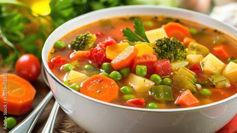 Vegetable soup in white bowl Vegetable soup in white bowl